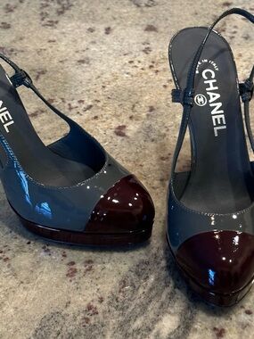 Chanel
New, Vintage Sling Back Patent Leather Heels Dark Grey/ Burgundy